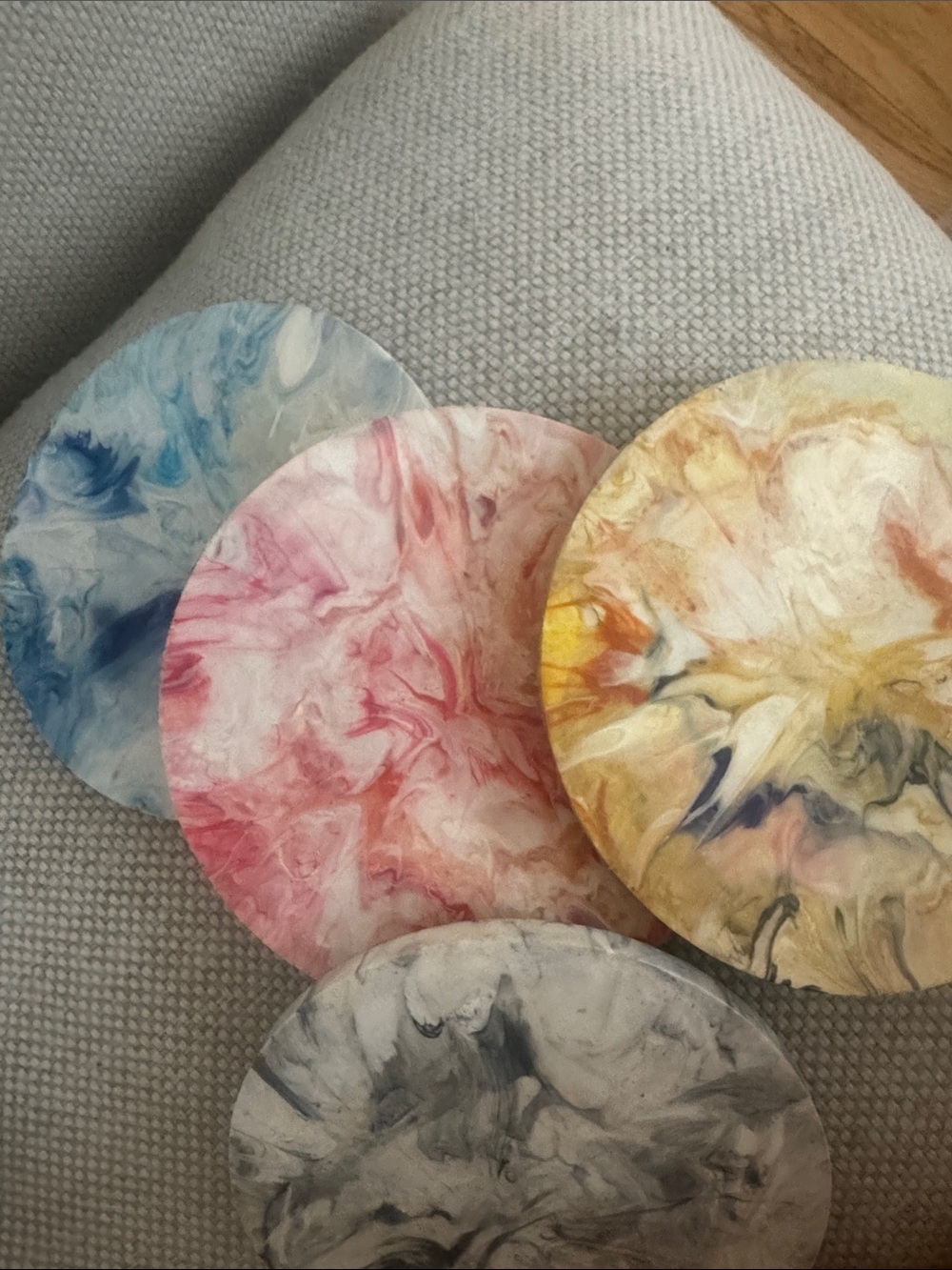 Hand-Poured Marble Art Coaster Set in Blue, Pink, Yellow & Gray